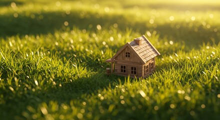 small model house on the outdoor grass, sunshine light, real state concept, banner, copy space