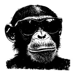 funny chimpanzee with sunglasses, black and white engraving style vector, animal portrait illustration