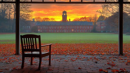 Autumn Sunrise Over College Building View From Chair