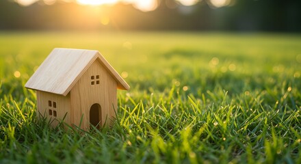 small model house on the outdoor grass, sunshine light, real state concept, banner, copy space