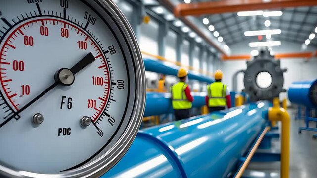 Industrial Pipeline System with Large Pressure Gauge and Workers in a Modern Processing Facility

