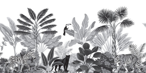 Tropical vintage botanical landscape, tiger, zebra, panther animal, toucan bird, grey palm tree, banana tree, plant floral seamless border white background. Exotic jungle mural.   © good_mood