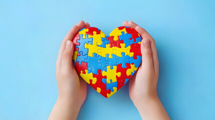 Hands holding a heart-shaped puzzle piece symbol on a blue background, representing autism awareness, support, and inclusion. Ideal for healthcare, education, and advocacy themes
