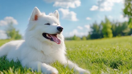 Happy white dog relaxing on grassy field under bright blue sky