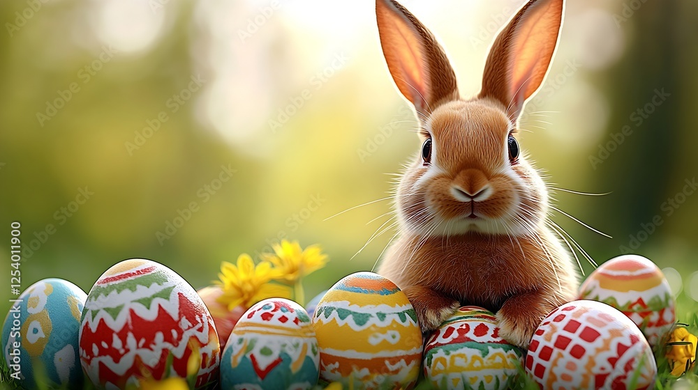 Poster adorable brown bunny surrounded by colorful easter eggs in a vibrant spring setting : generative ai