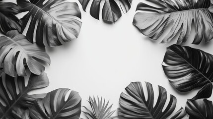 Monstera leaves create a decorative frame on a white background