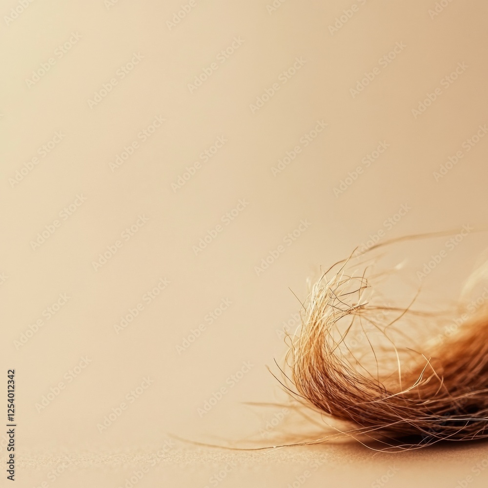 Poster Close up view of a broken strand of hair on a soft beige background highlighting texture and detail. Generative AI