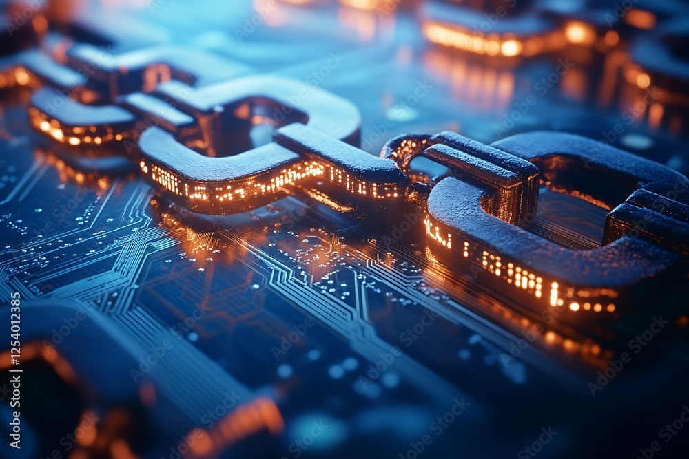 Poster High-resolution detail of interconnected metallic chains on a glowing circuit board illustrating advanced digital technology : Generative AI