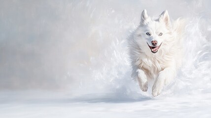 Fototapeta premium White fluffy dog joyfully running in snow