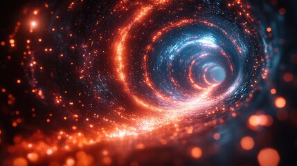 A vibrant, swirling tunnel of light and particles, evoking a sense of cosmic motion.