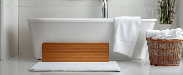 Elegant and clean bathroom featuring a white freestanding tub and cozy towels for relaxation : Generative AI