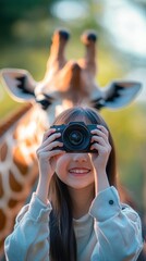 A young girl smiles as she captures memories with a camera while a giraffe stands behind her