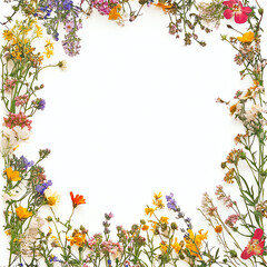 A vibrant frame made of assorted wildflowers, showcasing a colorful array of petals and greenery. Perfect for nature themes and floral designs it adds a touch of natural beauty.