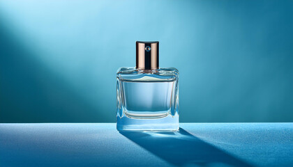 fashionable glass perfume bottle on mild blue heritage