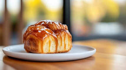 Caramel-drizzled pastry on white plate with blurred background