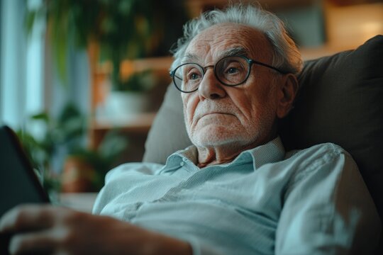 A thoughtful elderly man with glasses relaxes in a comfy chair, holding a tablet.