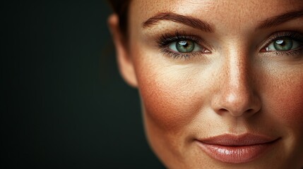 Captivating close-up portrait of a woman with striking features and vivid green eyes highlighting her beauty : Generative AI