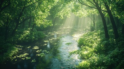 Obraz premium Sunbeams through forest, river, mist, serene nature scene, eco wallpaper