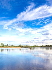 Calm lake with a blue sky in the background