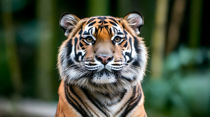 Fototapeta premium Majestic tiger portrait, zoo enclosure, lush background, wildlife conservation