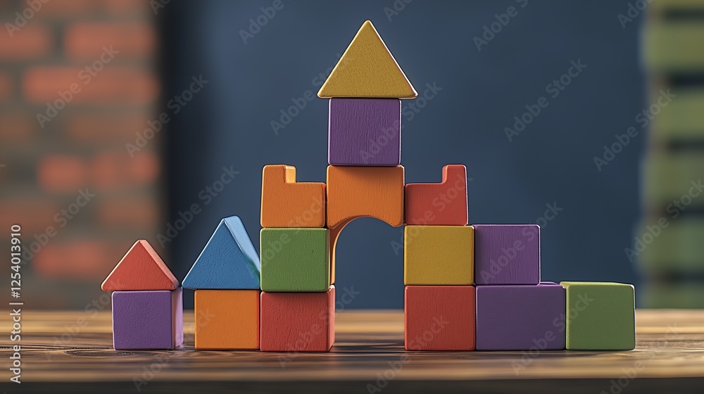 Aufkleber colorful wooden blocks arranged in a playful castle shape on a wooden table with a blurred backgroun