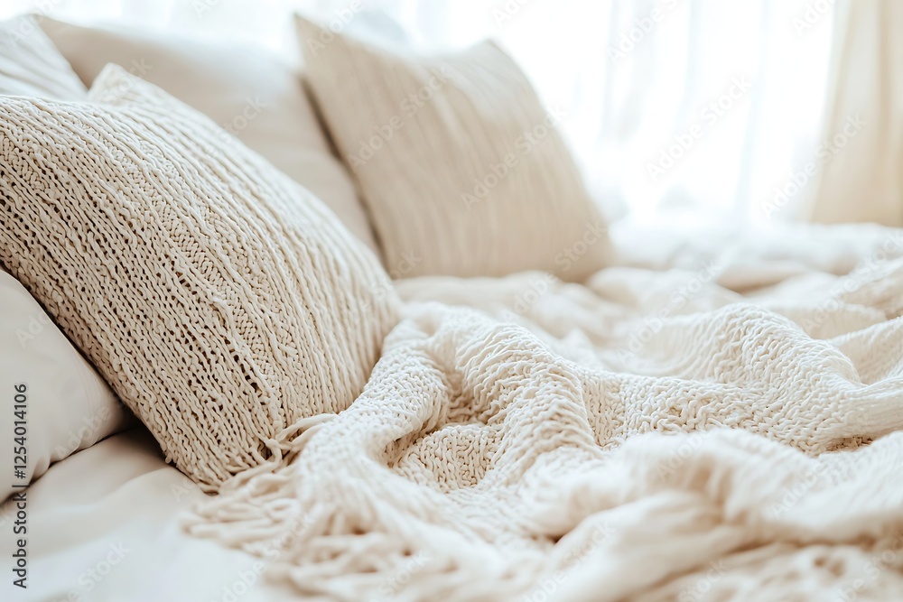Aufkleber cozy textured blankets and cushions arranged on a soft bed inviting relaxation and comfort : generat