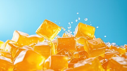 Brown sugar and molasses create rich, flavorful candies. Bright yellow gelatin cubes with splashes of water against a blue background.