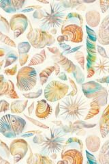 Seashells sea life pattern, multicolored, line seamless drawing, white background