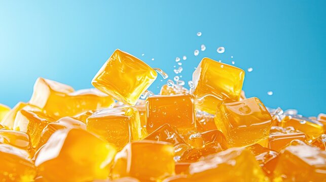 Brown sugar and molasses create rich, flavorful candies. Bright yellow gelatin cubes with splashes of water against a blue background.