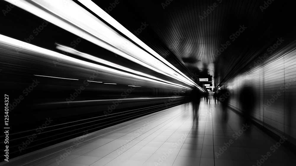 Poster Blurry Abstract Scene of an Underground Train Station with Fast Moving Passengers and Light Trails Conveying Motion : Generative AI