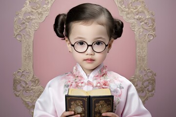 Asian little girl in traditional kimono reading book against pink background. Children Literature Day, World Book Day, Asian Heritage Month, Education concept