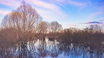 Painting of a forest with trees and a lake