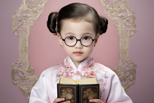 Asian little girl in traditional kimono reading book against pink background. Children Literature Day, World Book Day, Asian Heritage Month, Education concept