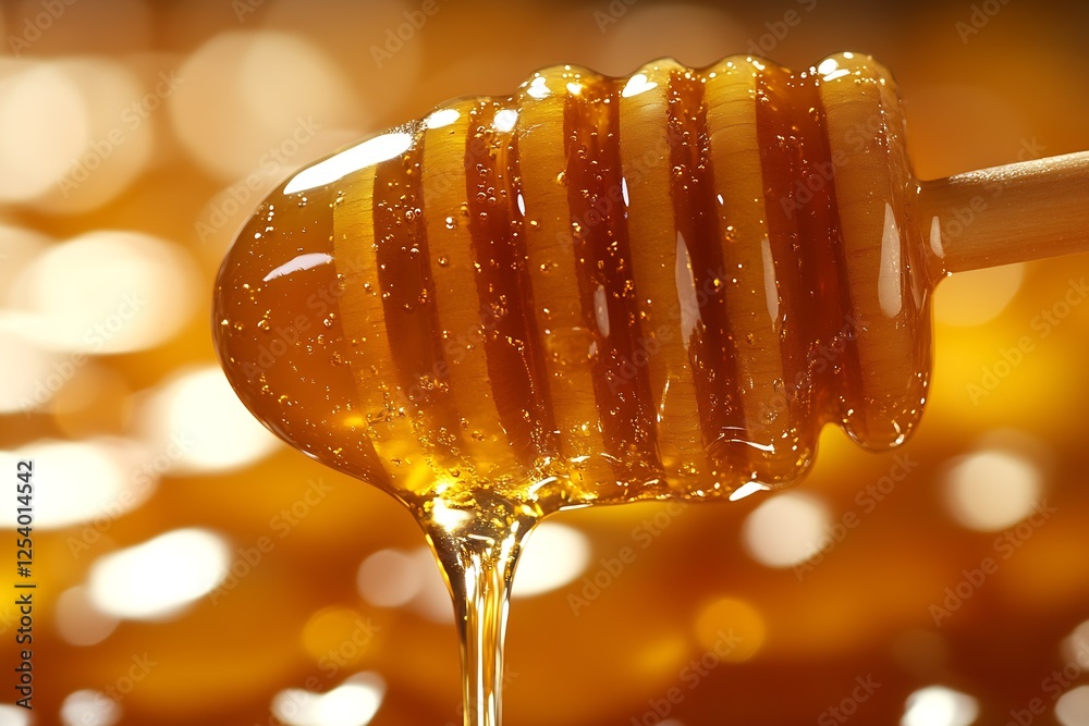 Poster delicious golden honey slowly dripping from a honey dipper with warm bokeh light effect : generative
