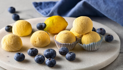 lemon blueberry mini truffles on a marble history