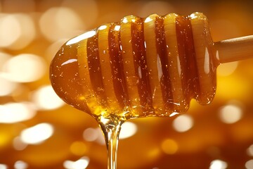 Delicious Golden Honey Slowly Dripping from a Honey Dipper with Warm Bokeh Light Effect : Generative AI