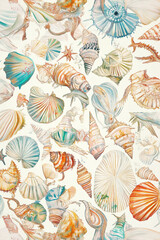 Seashells sea life pattern, multicolored, line seamless drawing, white background