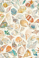 Seashells sea life pattern, multicolored, line seamless drawing, white background