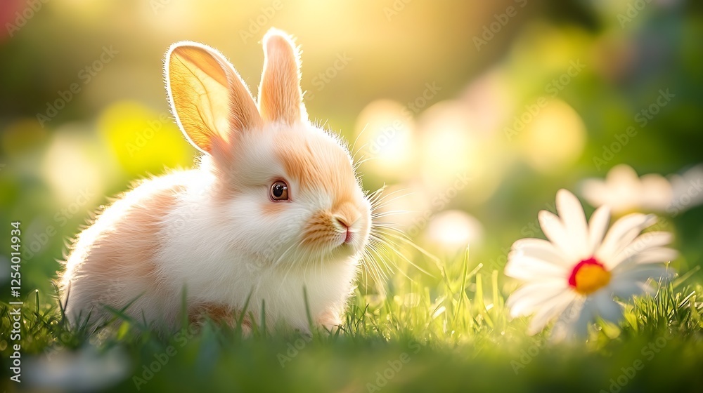 Poster charming little rabbit exploring a sunny garden filled with cheerful daisies and soft grass : genera