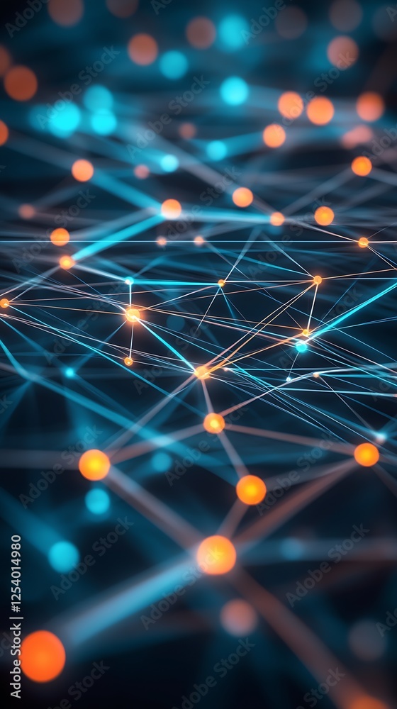 Poster Futuristic digital connection network with vibrant blue and orange glowing nodes in an intricate layout : Generative AI