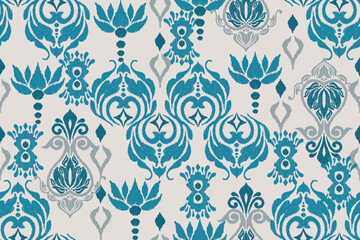 Damask seamless pattern, Ikat floral gothic background, vector illustration, ethnic oriental embroidery, Aztec style, baroque. Design for texture, fabric, clothing, decoration, fashion, textiles  