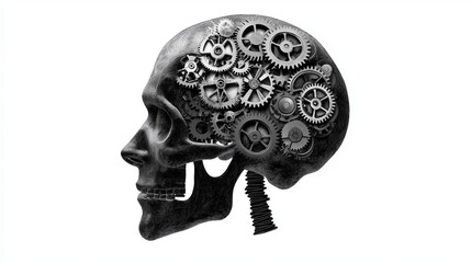 human brain profile with gears inside head. illustration of thinking mechanically like a robot in a linear thought system. isolated on white background