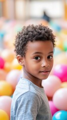 A young Black boy frolics happily in a vibrant ball pit, surrounded by colorful balls