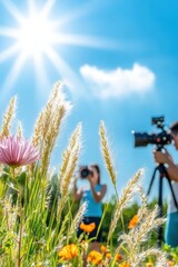 Captivating outdoor photography scene with vibrant flowers, bright sunlight, and a photographer capturing nature's beauty, photography concept