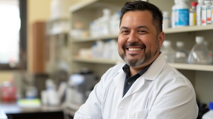 Obraz premium A happy Hispanic American male pharmacist stands confidently in a professional pharmacy filled with medications