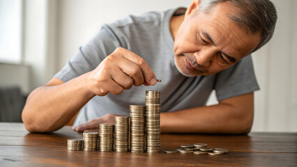 Senior Man Stacking Coins for Financial Growth, Investment, and Retirement Savings Planning
