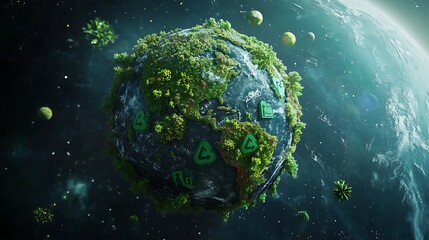 Obraz premium Earth with recycling symbols and green forests for Earth Day