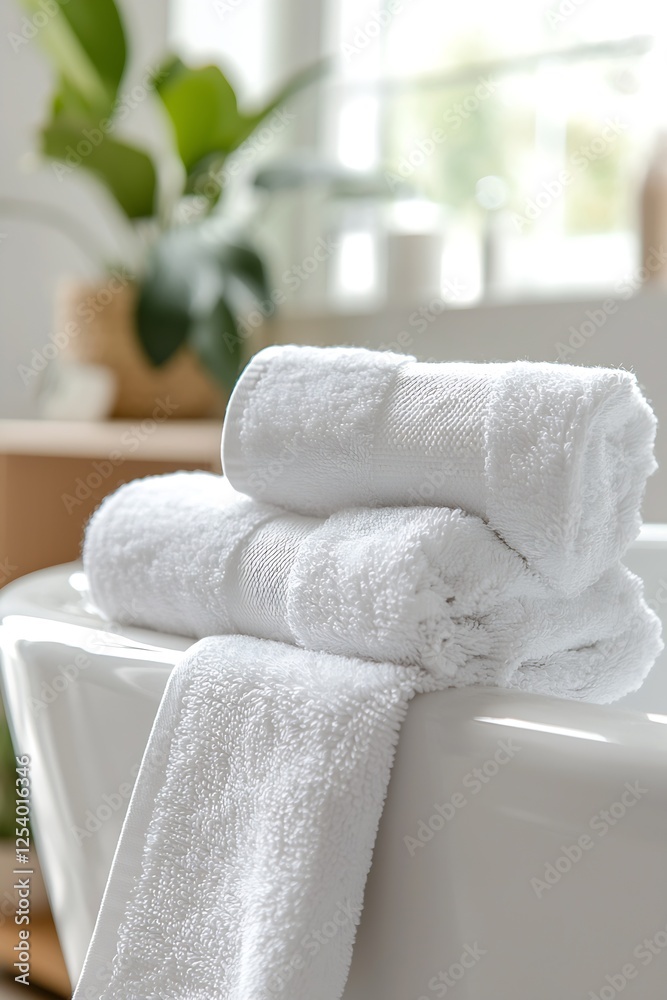 Poster neatly folded white towels on bathtub edge for a relaxing at-home wellness setting : generative ai