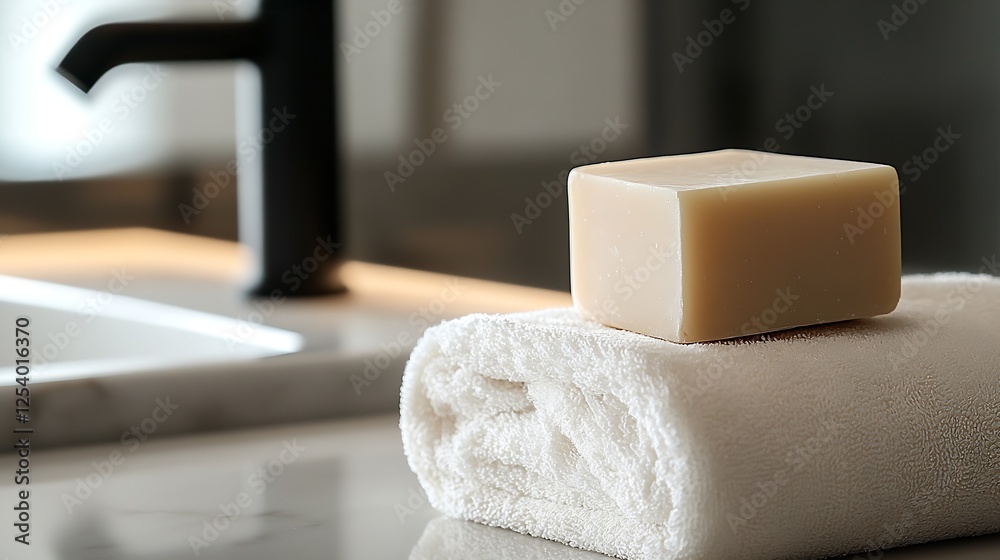Aufkleber elegant natural soap on a plush towel with modern bathroom elements in soft lighting : generative ai