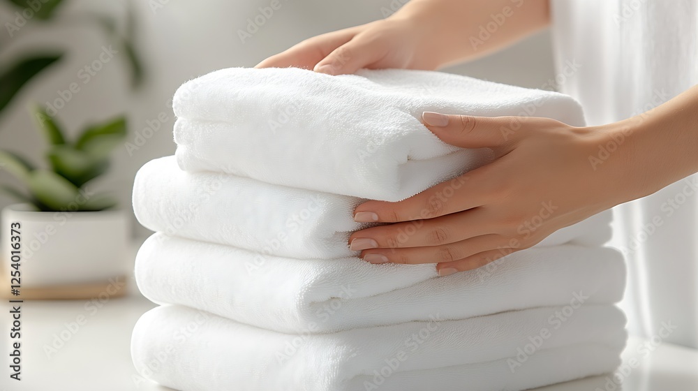 Poster delicate hands arranging fluffy white towels on a modern bathroom countertop in a serene home settin